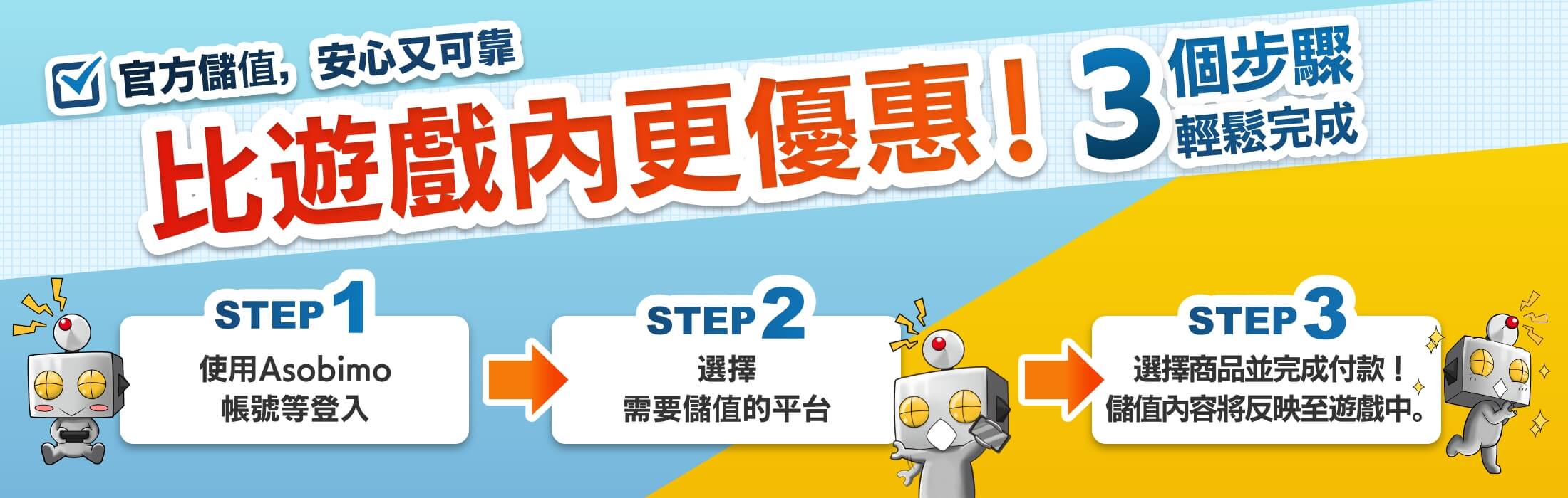 ASOBIMO官方儲值中心,比遊戲內更優惠！,3個步驟，輕鬆完成